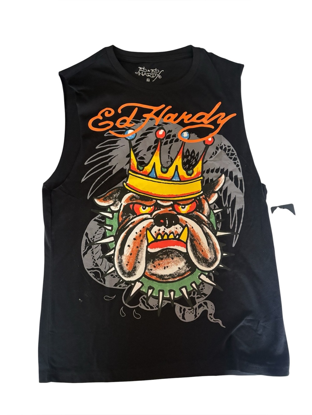 Ed Hardy Black Sleeveless Bulldog Crown Graphic Tank Top